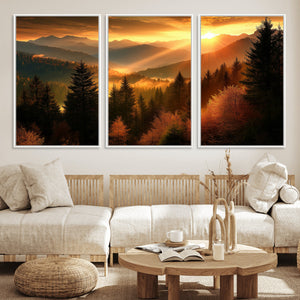 Golden Sunset Over Mountain Forest Canvas Wall Art Print -
