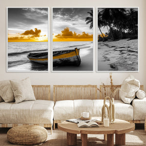 Yellow Rowboat Wall Art – Framed Tropical Shoreline Canvas