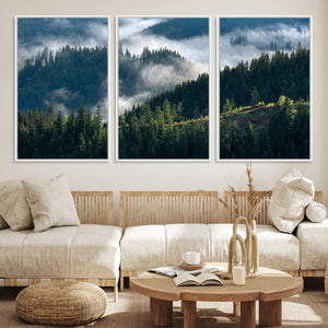 Misty Forest Wall Art Canvas Print, Serene Pine Hills and