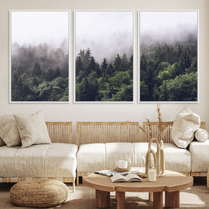 Misty Forest Wall Art Canvas Print, Serene Foggy Pines and