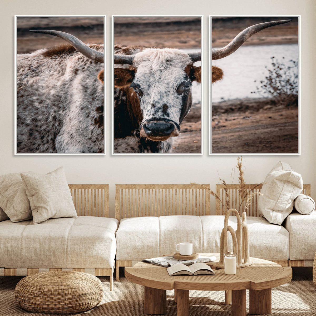 Texas Longhorn Wall Art Canvas Print – Framed Spotted Bull