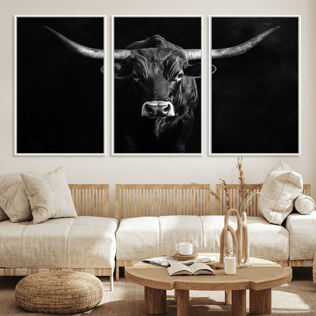 Texas Longhorn Wall Art Canvas Print – Framed Monochrome
