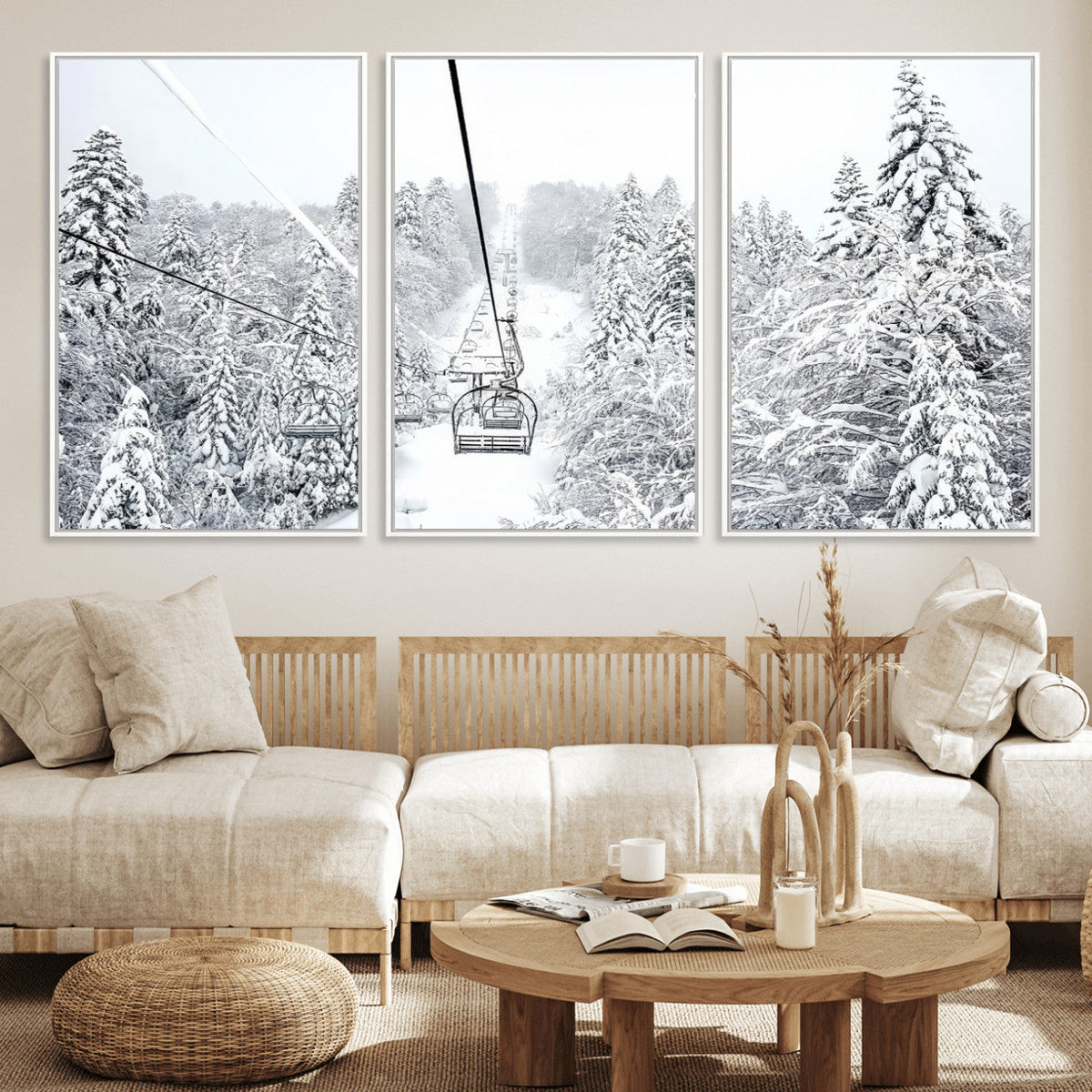 Snowy Ski Lift Wall Art – Framed Winter Mountain Canvas