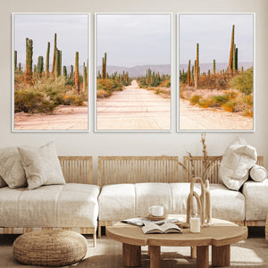 Desert Cactus Lined Road Wall Art Canvas Print – Framed