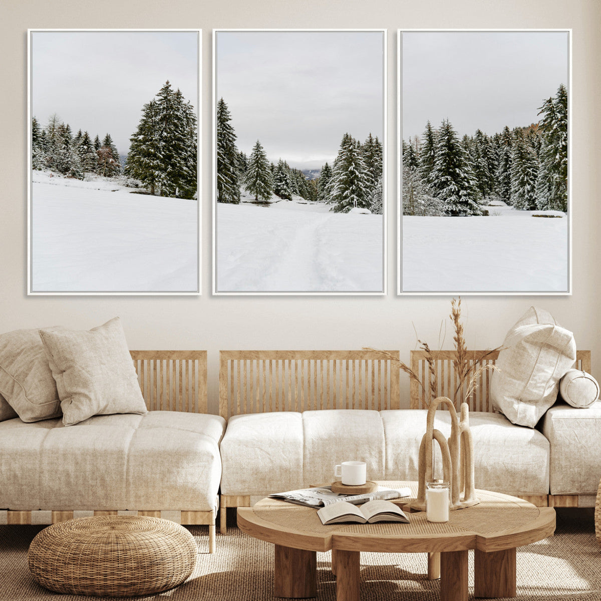 Frosty Pines Wall Art Canvas Print – Framed Silent Snowfall