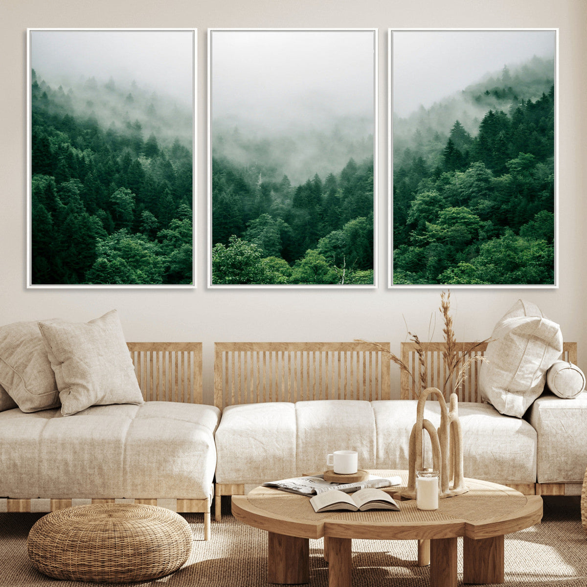 Misty Green Forest Canvas Print – Framed Serene Foggy Pine