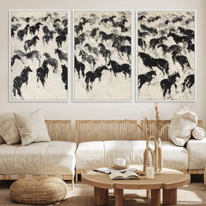 Wild Horse Stampede Wall Art Canvas Print – Monochrome