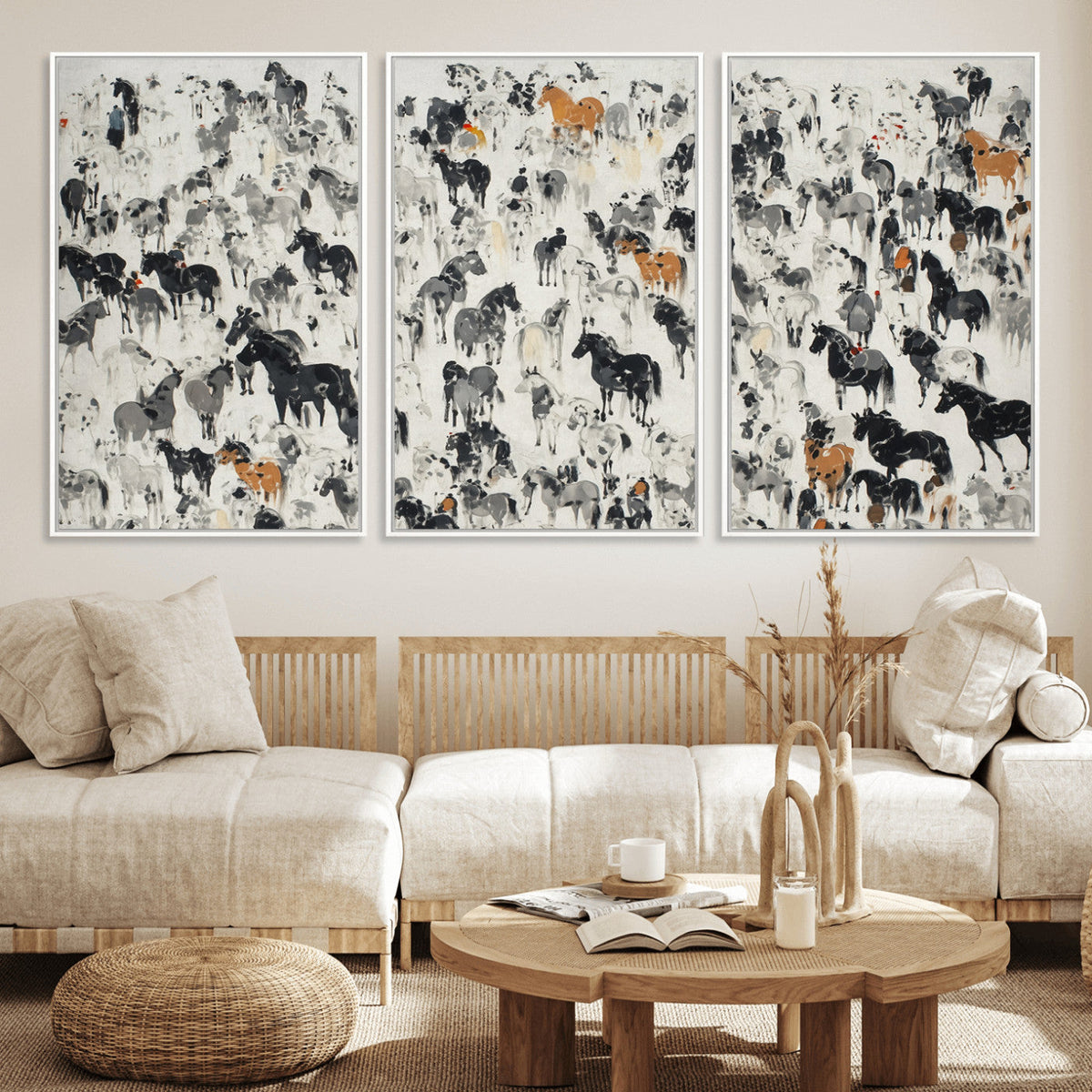 Wild Horse Stampede Wall Art Canvas Print – Monochrome