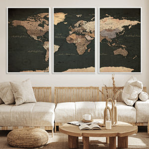 Vintage World Map Canvas Wall Art – Framed Travel Map for