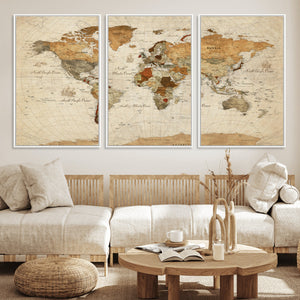 Rustic Vintage World Map Canvas Print – Framed Modern