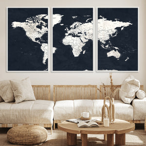 Black World Map Wall Art Canvas Print for Home Office and