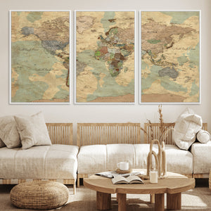 Vintage World Map Wall Art | Ready to Hang and Framed