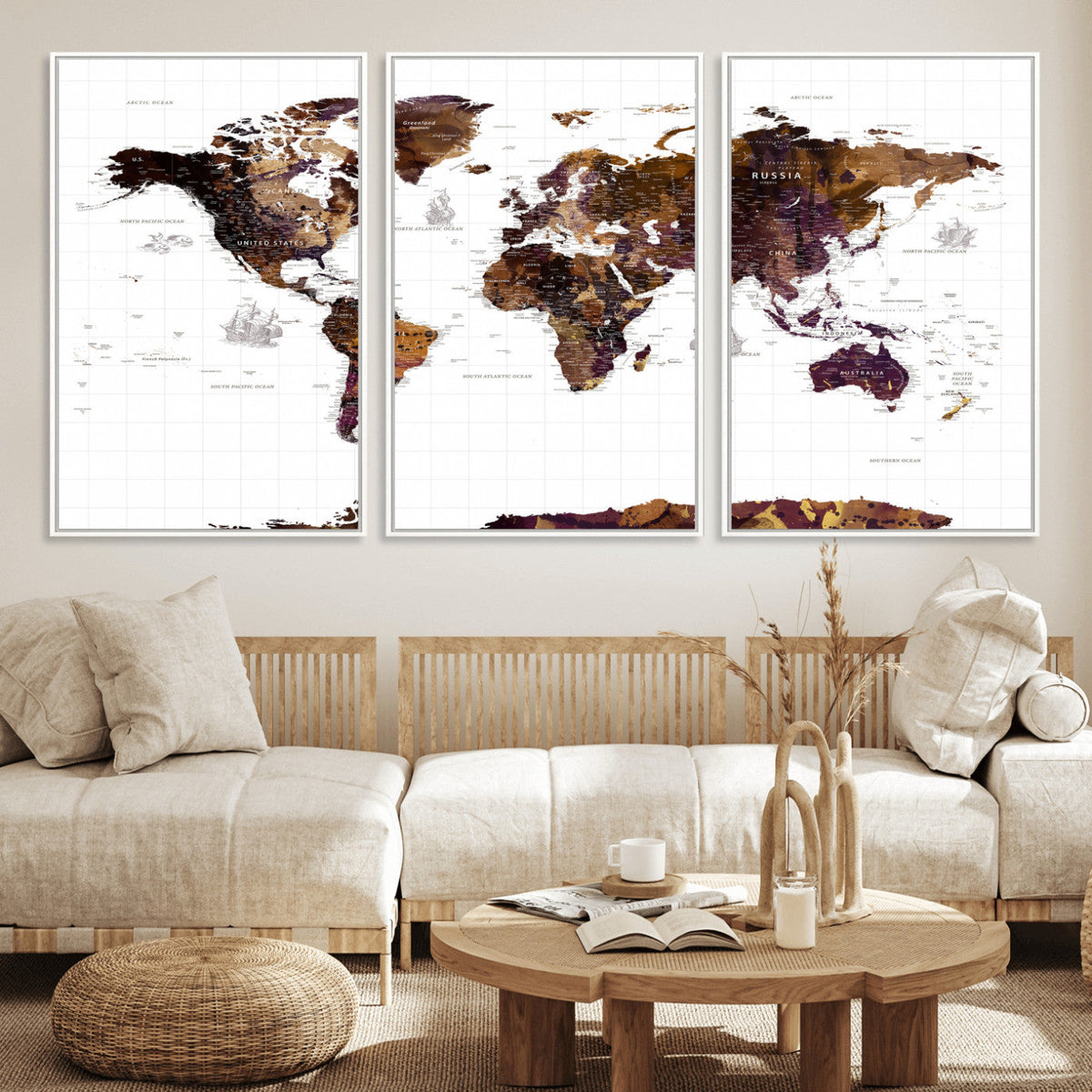 Rustic World Map Wall Art Canvas Print | Large World Map on