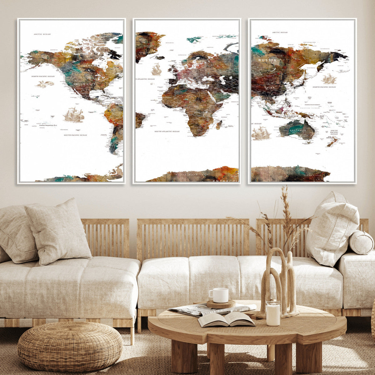 Watercolor World Map Canvas Print – Detailed Map of the