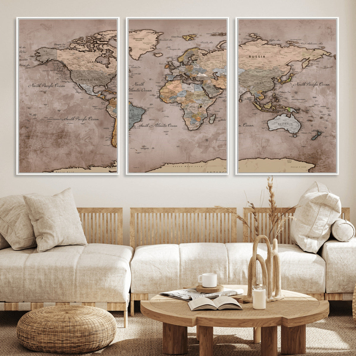Grunge World Map Canvas Wall Art - Vintage Aged World Map
