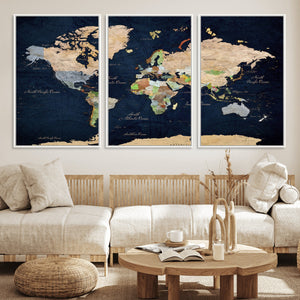 Minimalist World Map Canvas Wall Art - Watercolor Blue and