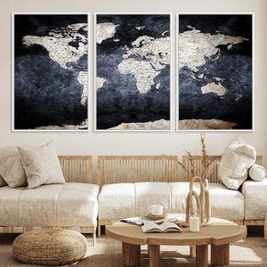 Vintage World Map Canvas Wall Art – Antique Triptych Map