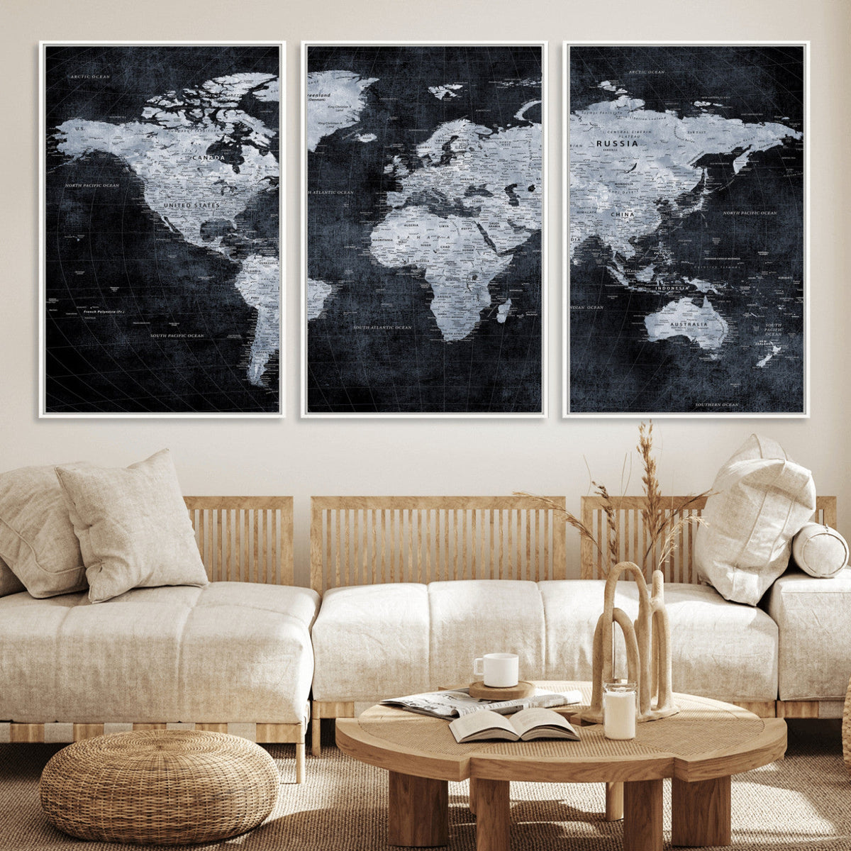 Black World Map Canvas Print – Detailed Map for Couples and