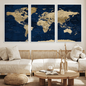 Navy Blue World Map Canvas Print – Detailed Map Minimal Navy