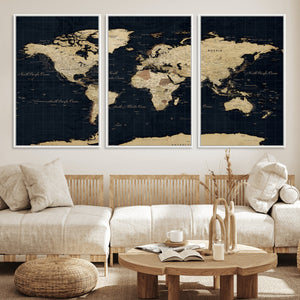Dark World Map Canvas Wall Art Print, Minimal Black and Gold