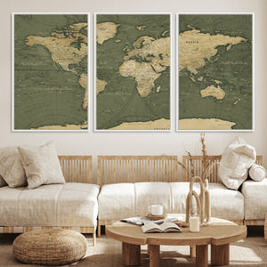 Large World Map Canvas Wall Art Print for Study Room Decor -