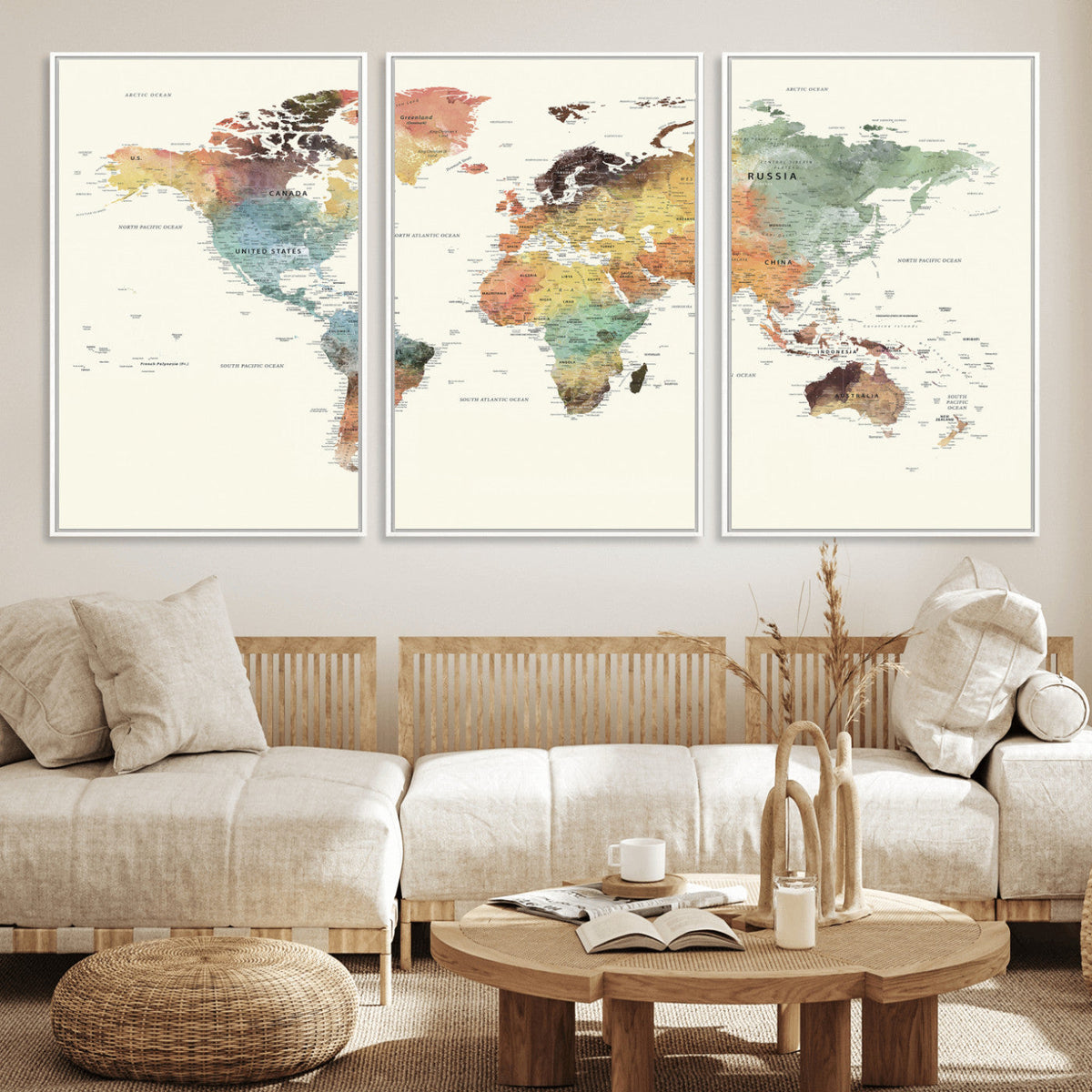 Framed World Map Wall Art Canvas Print for Living Room and