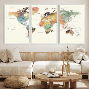 Framed World Map Wall Art Canvas Print for Living Room and