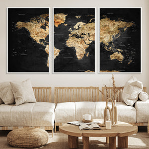 World Map Canvas Wall Art with Famous Landmarks – Framed