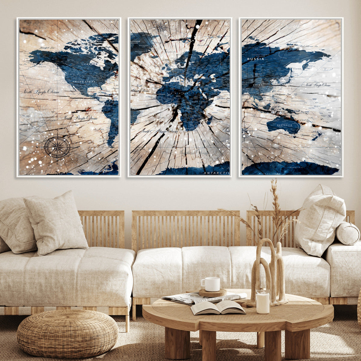 Rustic World Map Canvas Print – Framed Wall Art for Couples,