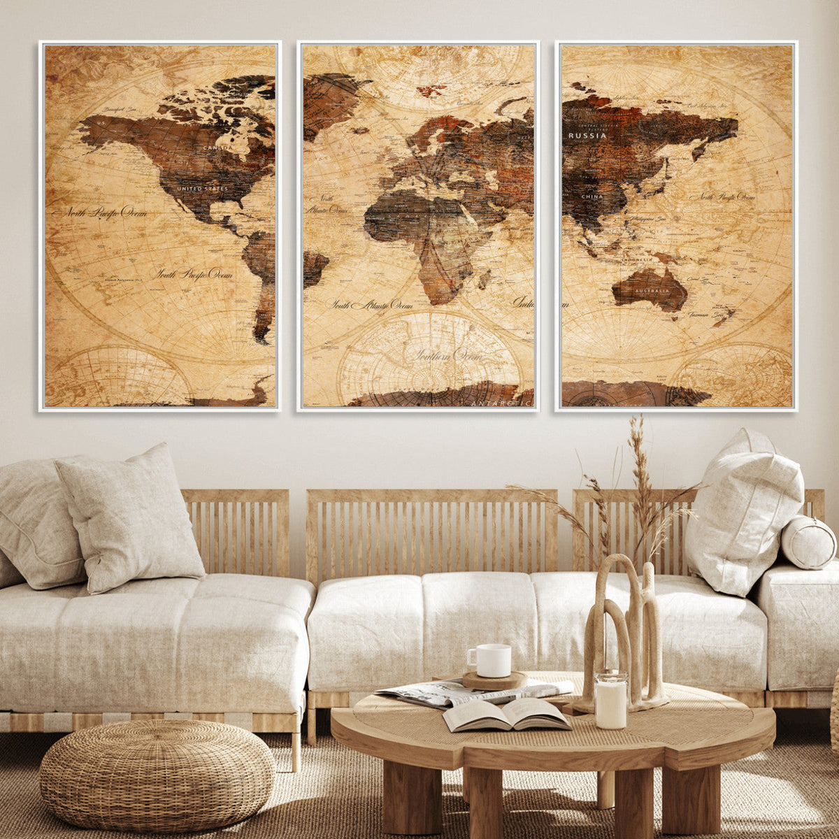 Modern Red and Gray World Map Canvas Print – Framed Wall Art