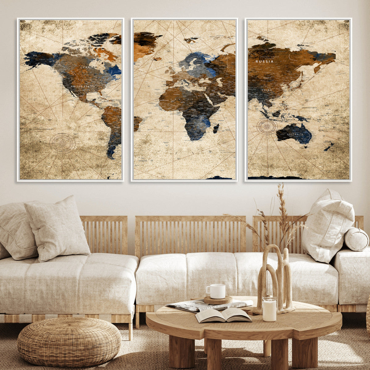 World Map Wall Art – Rustic Earth Tone Canvas Print, Antique