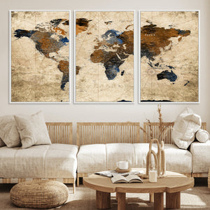 World Map Wall Art – Rustic Earth Tone Canvas Print, Antique