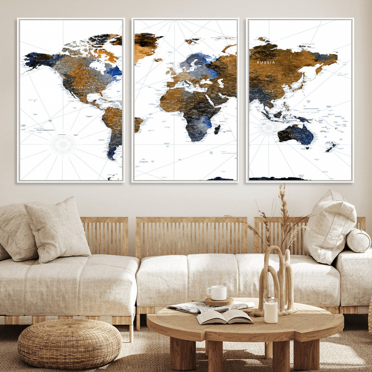 Colorful Watercolor World Map Canvas Wall Art – Framed