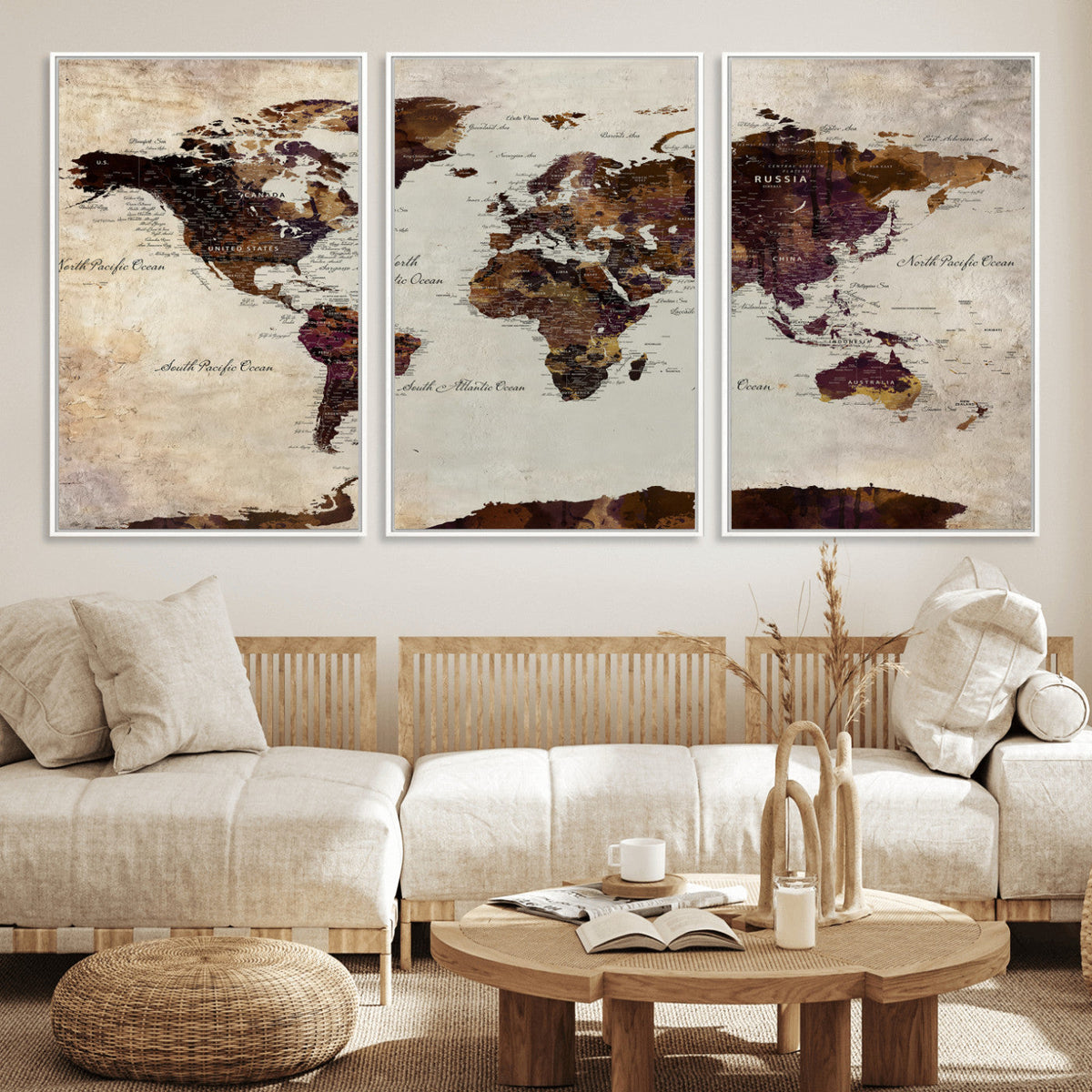 World Map Canvas Triptych – Colorful Global Wall Art for