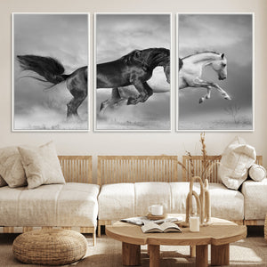 Wild Horses Wall Art Canvas Print – Framed Black and White