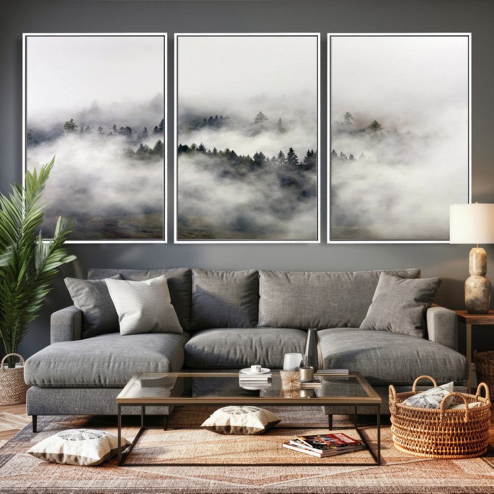 Foggy Forest Wall Art Canvas Print, Misty Pine Tree