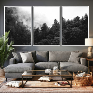 Black White Forest Wall Art Canvas Print, Misty Pine Tree
