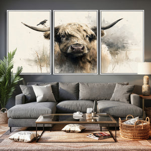 Abstract Highland Cow Wall Art Canvas Print, Rustic Farm