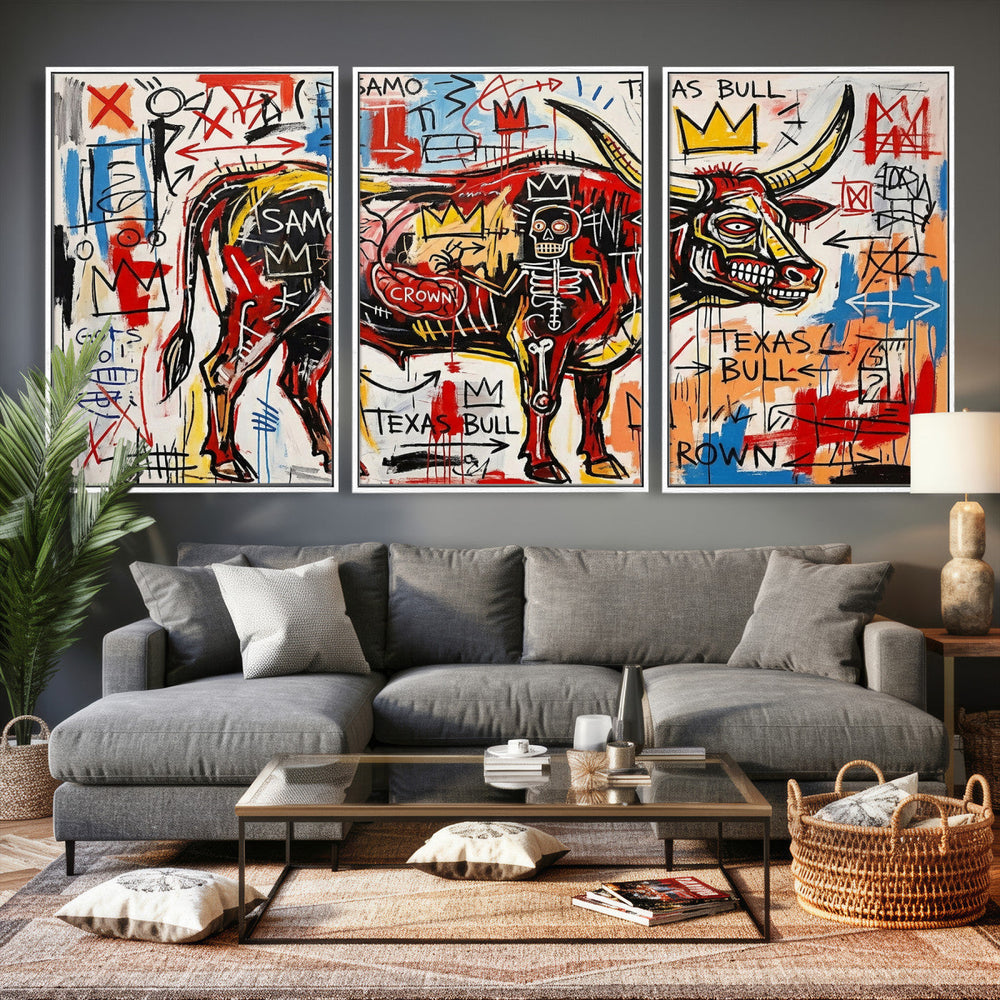 Texas Bull Wall Art Canvas Print, Abstract Graffiti Bull
