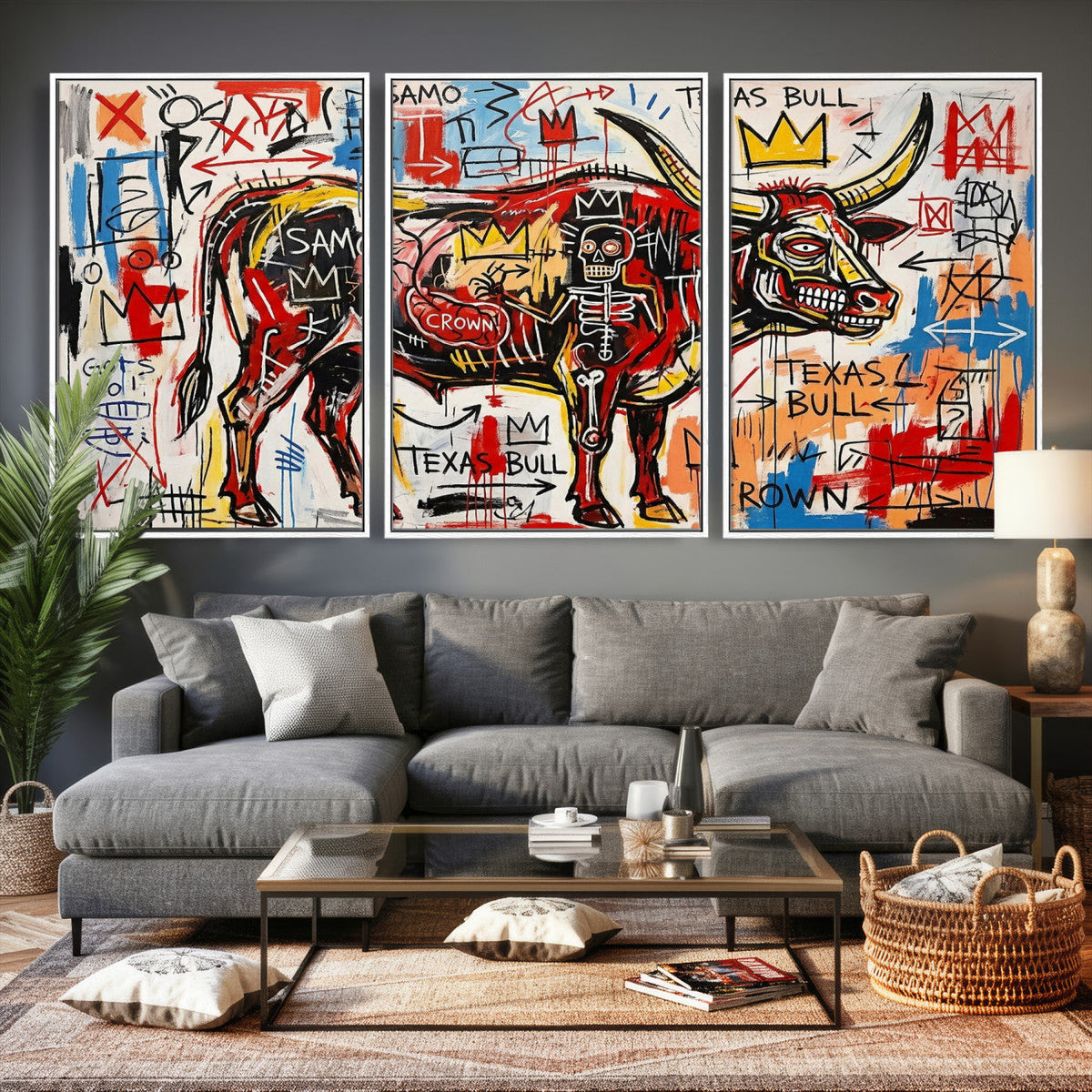 Texas Bull Wall Art Canvas Print, Abstract Graffiti Bull