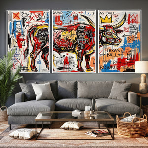 Texas Bull Wall Art Canvas Print, Abstract Graffiti Bull