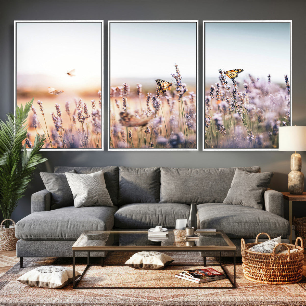 Lavender Field Wall Art Canvas Print, Butterfly Floral