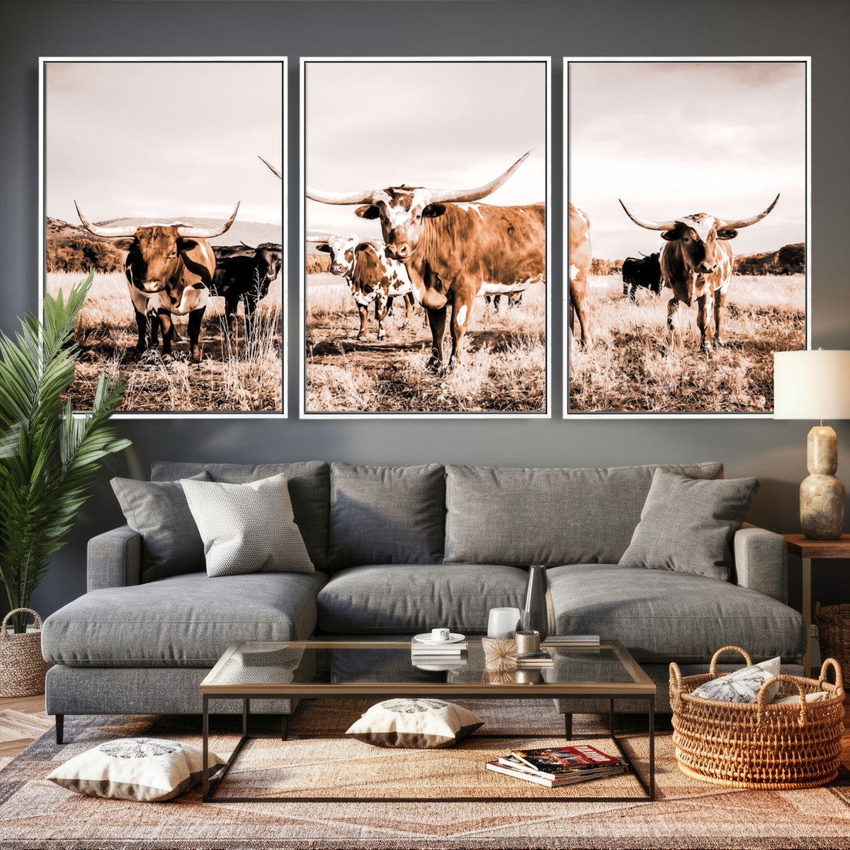 Texas Longhorn Cattle Wall Art Canvas Print, Sepia Western