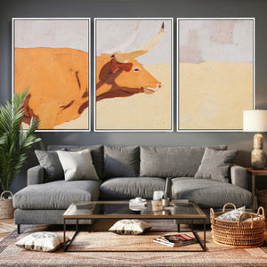 Minimal Longhorn Bull Wall Art Canvas Print, Neutral Western