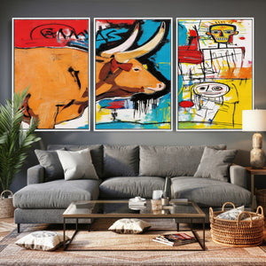 Basquiat Style Bull Graffiti Wall Art Canvas Print, Street
