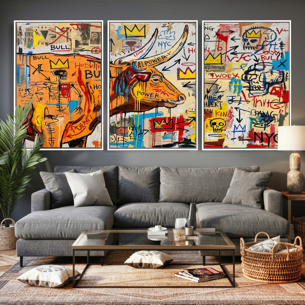 Basquiat Style Bull Graffiti Wall Art Canvas Print, Street