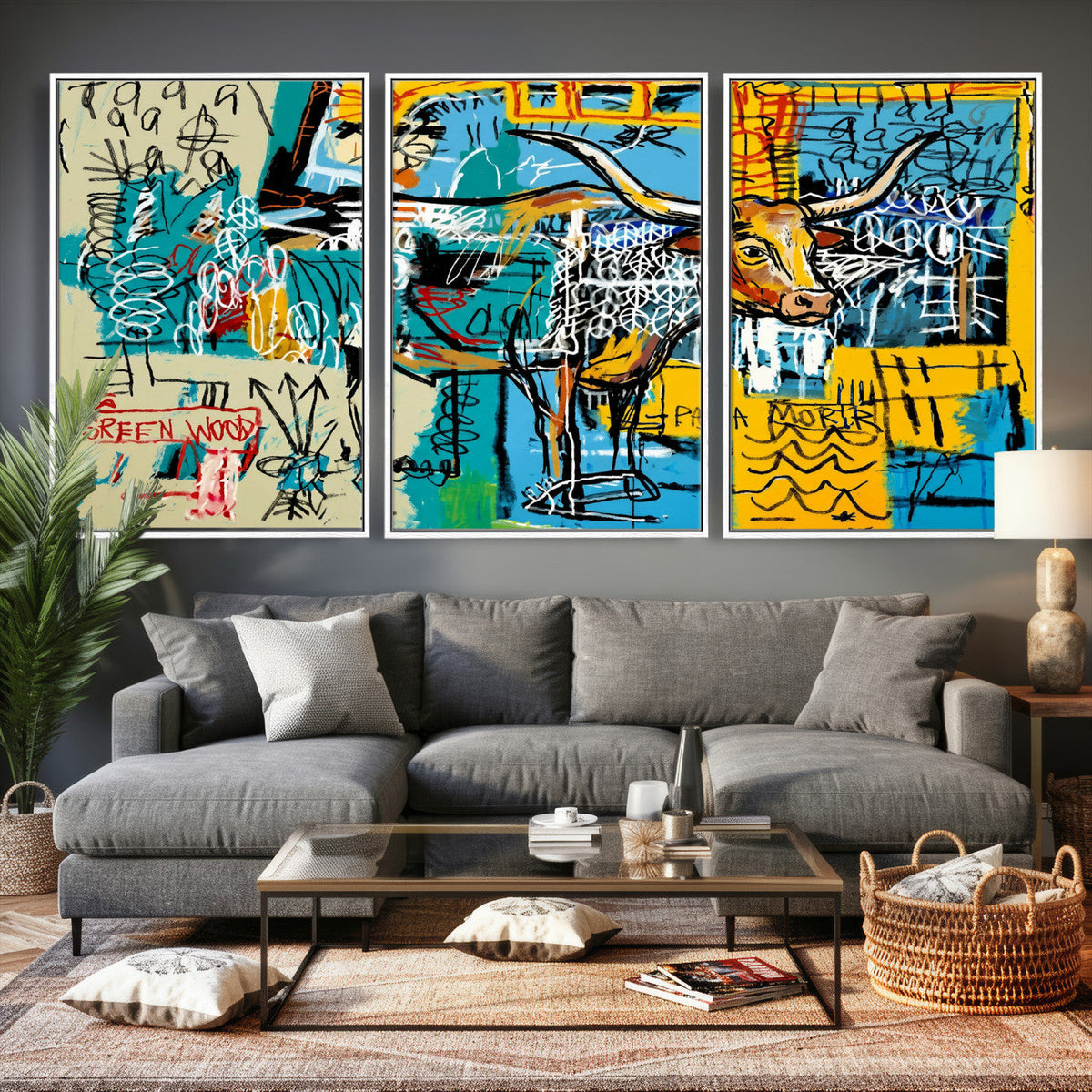 Basquiat Style Bird Bull Graffiti Wall Art Canvas Print,