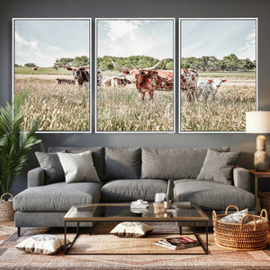 Texas Longhorn Cattle Wall Art Canvas Print, Rustic Ranch