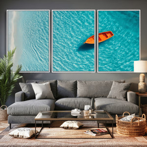 Minimalist Boat Wall Art Canvas Print, Aerial Sea Landscape