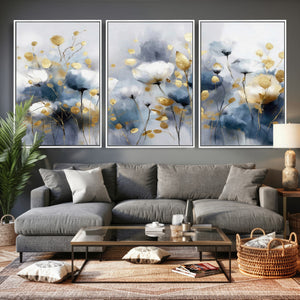 Large Abstract Flowers Wall Art Canvas Print – Gold and Blue